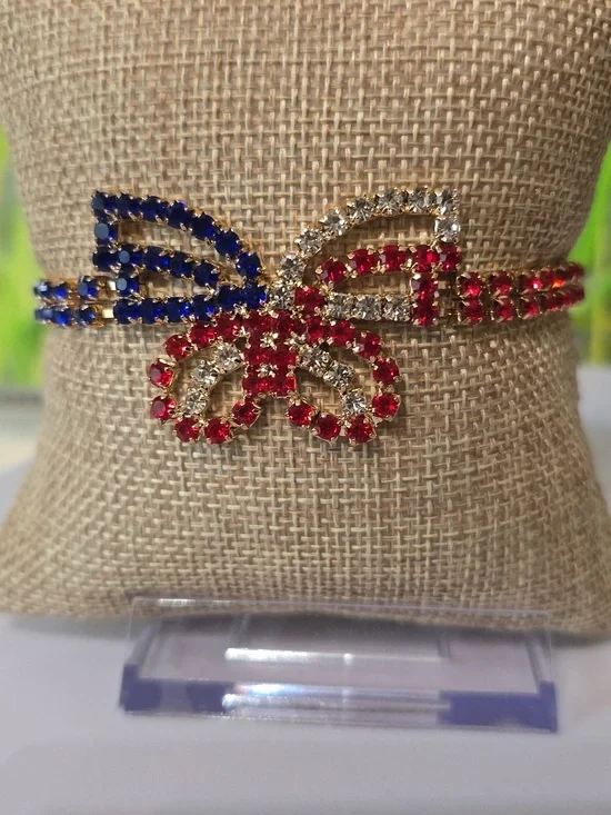 Patriotic Rhinestone Bracelet & Handmade Anchor Earrings Set Red White Blue USA - Picture 3 of 7